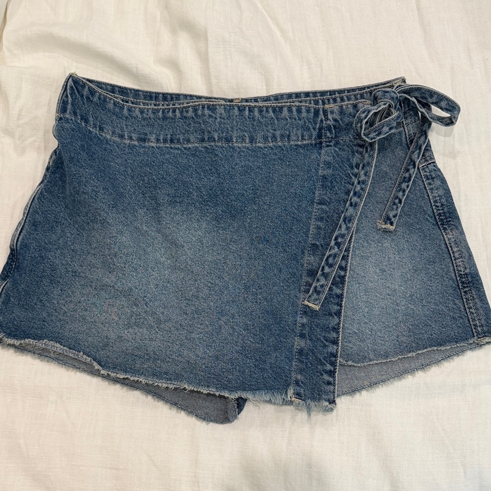 We The Free Blue Denim Wrap Skort
